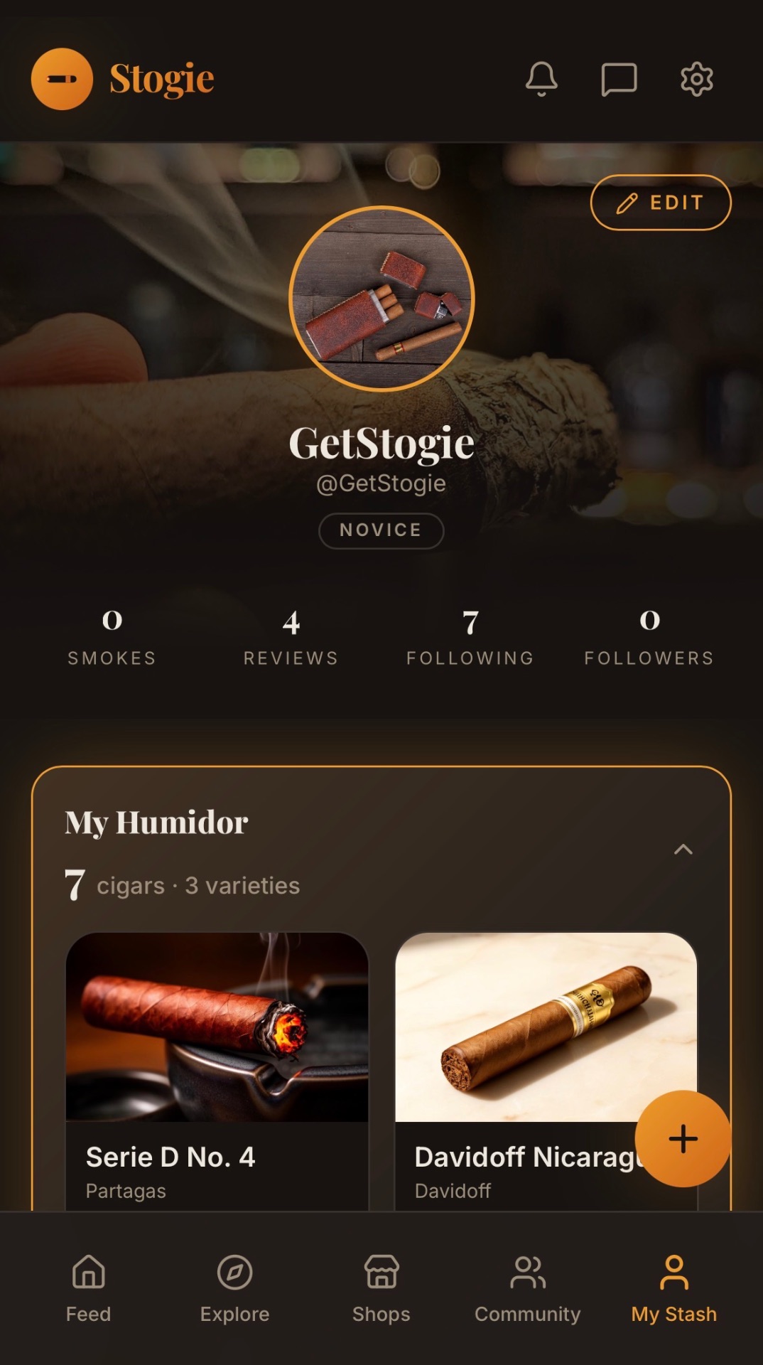 Stogie Profile screen